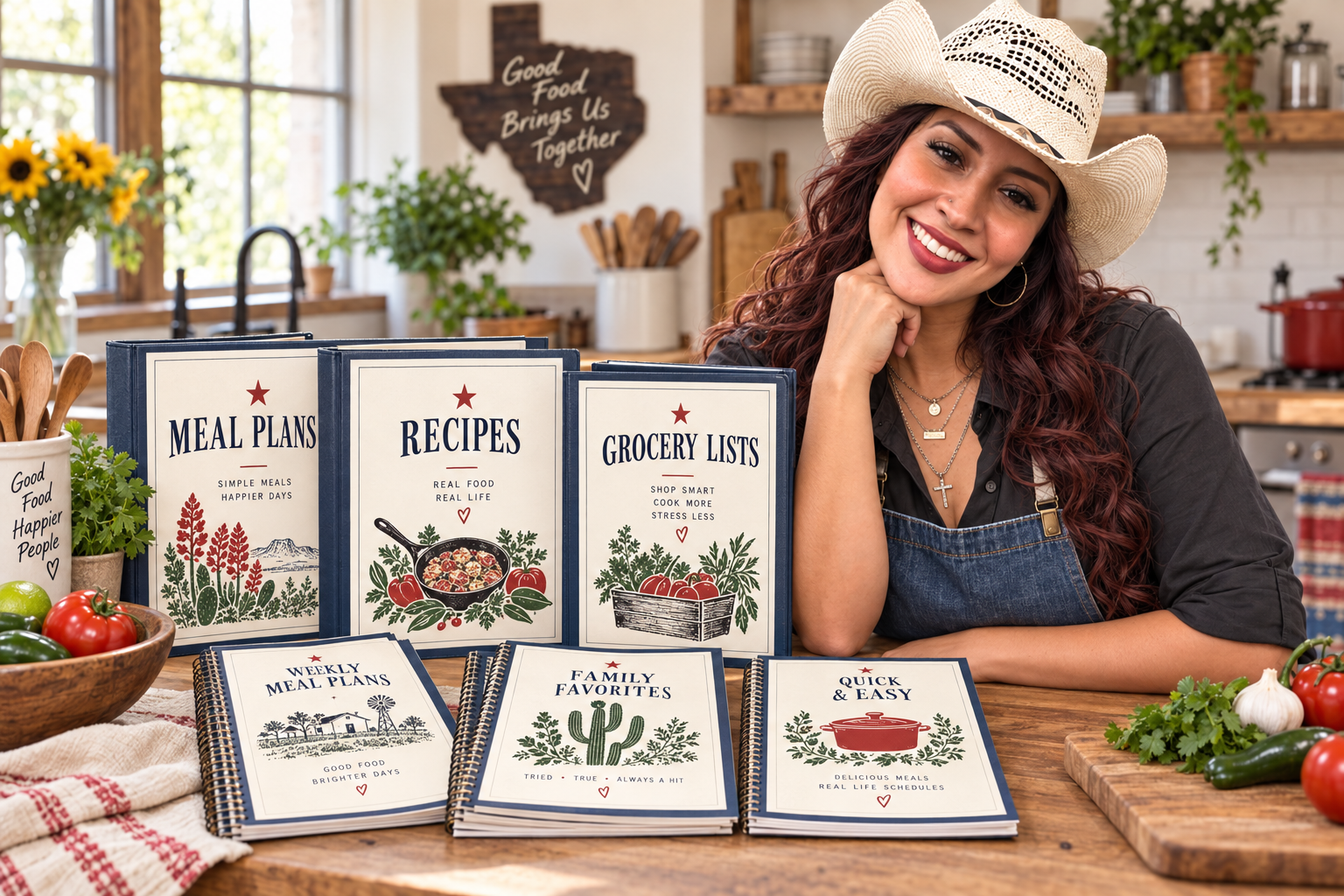 Mari Solis beside a stack of meal-planning booklets