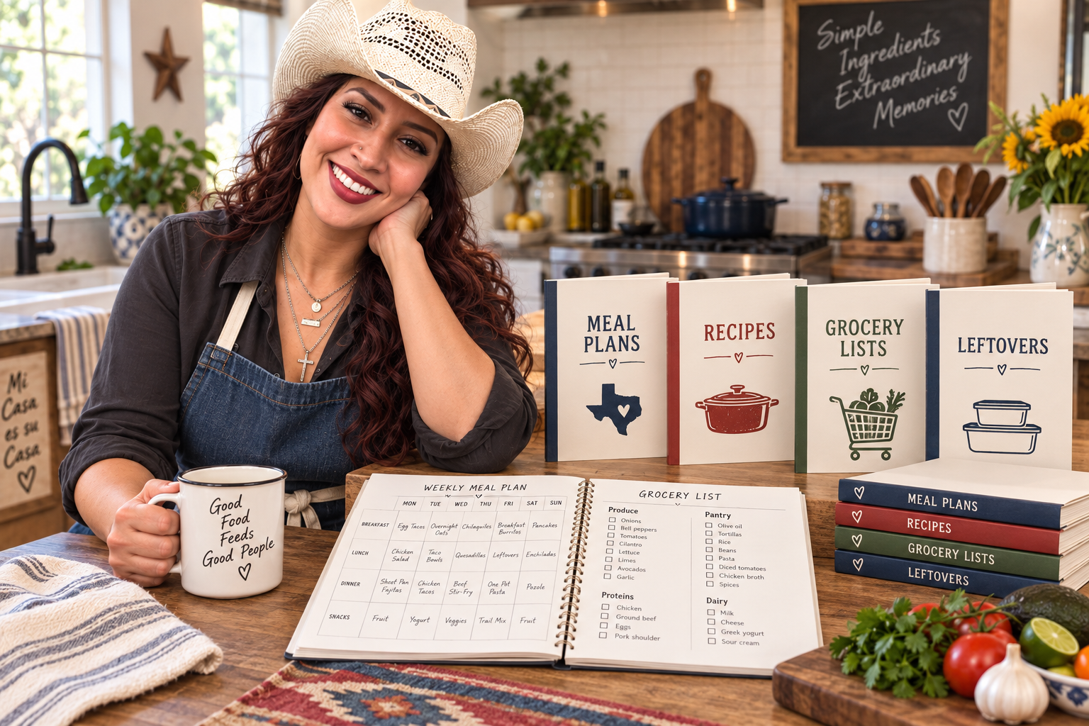 Mari Solis beside printed meal plans, recipes, grocery lists, and leftover planners